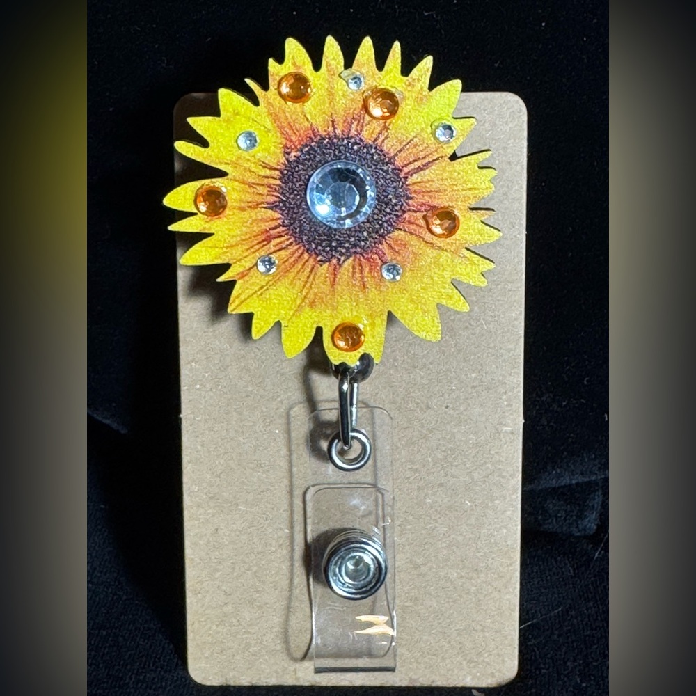 Up cycled Sunflower Rhinestone Badge Reel Badge Holder Made from Vintage Brooch